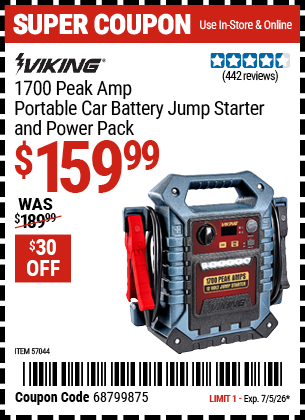 www.hfqpdb.com - VIKING 1700 PEAK AMP PORTABLE CAR BATTERY JUMP STARTER AND POWER PACK Lot No. 57044
