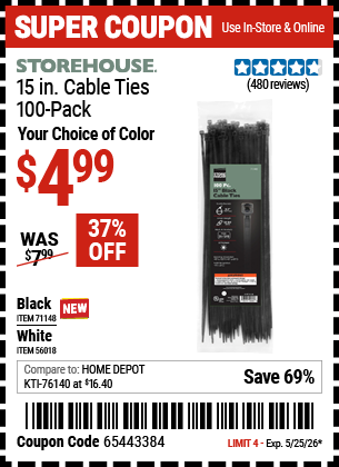 www.hfqpdb.com - STOREHOUSE 15 IN. CABLE TIES, 100-PACK Lot No. 56018/71148