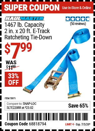 www.hfqpdb.com - HAUL-MASTER 1467 LB. CAPACITY, 2 IN. X 20 FT. E-TRACK RATCHETING TIE-DOWN Lot No. 70971