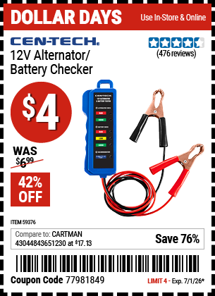 www.hfqpdb.com - CEN-TECH 12V ALTERNATOR/BATTERY CHECKER Lot No. 59376