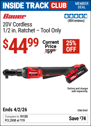 www.hfqpdb.com - BAUER 20V CORDLESS, 1/2 IN. RATCHET Lot No. 59367