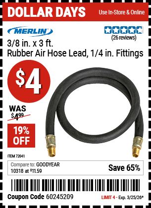 www.hfqpdb.com - MERLIN 3/8 IN. X 3 FT. RUBBER AIR HOSE LEAD, 1/4 IN. FITTINGS Lot No. 72041