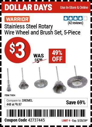 www.hfqpdb.com - WARRIOR STAINLESS STEEL ROTARY WIRE WHEEL AND BRUSH SET, 5-PIECE Lot No. 71054