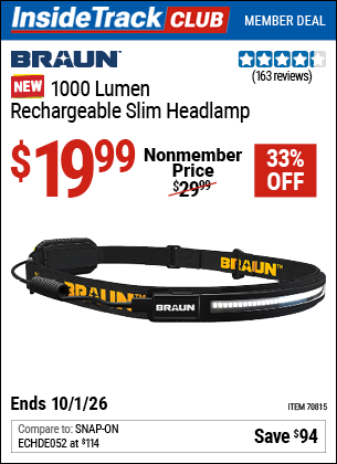 www.hfqpdb.com - BRAUN 1000 LUMEN RECHARGEABLE SLIM HEADLAMP Lot No. 70815