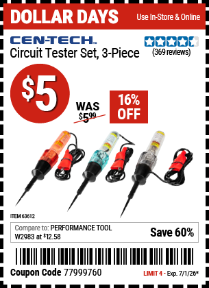 www.hfqpdb.com - CEN-TECH CIRCUIT TESTER SET, 3-PIECE Lot No. 63612