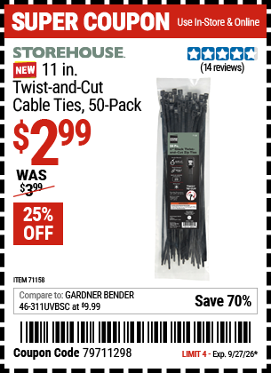 www.hfqpdb.com - STOREHOUSE 11 IN. TWIST-AND-CUT CABLE TIES, 50-PACK Lot No. 71158