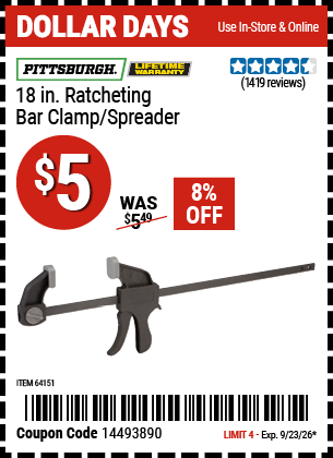 www.hfqpdb.com - PITTSBURGH 18 IN. RATCHETING BAR CLAMP/SPREADER Lot No. 64151