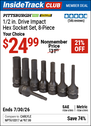Harbor Freight PITTSBURGH PRO 1/2 IN. DRIVE IMPACT HEX SOCKET SET, 8-PIECE coupon