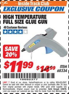 Harbor Freight ITC Coupon AD TECH HIGH-TEMPERATURE FULL-SIZE GLUE GUN Lot No. 68334 Expired: 2/28/19 - $11.99