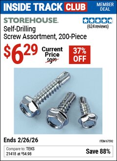 Harbor Freight ITC Coupon STOREHOUSE SELF-DRILLING SCREW ASSORTMENT, 200-PIECE Lot No. 67592 Expired: 2/26/26 - $6.29