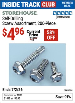Harbor Freight ITC Coupon STOREHOUSE SELF-DRILLING SCREW ASSORTMENT, 200-PIECE Lot No. 67592 Dates Valid: 12/31/69 - 7/2/26 - $4.96