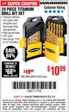 Harbor Freight Coupon WARRIOR TITANIUM DRILL BIT SET, 29-PIECE Lot No. 61637/62281 Expired: 9/22/19 - $10.99