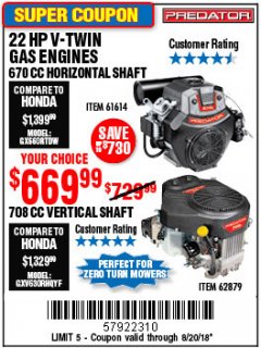 Harbor Freight Coupon PREDATOR 22 HP (670CC) V-TWIN HORIZONTAL-SHAFT GAS ENGINE, EPA Lot No. 61614 Expired: 8/20/18 - $669.99