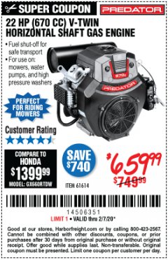 Harbor Freight Coupon PREDATOR 22 HP (670CC) V-TWIN HORIZONTAL-SHAFT GAS ENGINE, EPA Lot No. 61614 Expired: 2/7/20 - $659.99