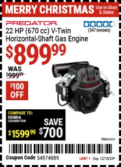 Harbor Freight Coupon PREDATOR 22 HP (670CC) V-TWIN HORIZONTAL-SHAFT GAS ENGINE, EPA Lot No. 61614 Expired: 12/10/23 - $899.99