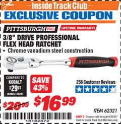 Harbor Freight ITC Coupon PITTSBURGH 3/8 IN. DRIVE FLEX-HEAD RATCHET Lot No. 70150/62321 Expired: 6/30/20 - $16.99