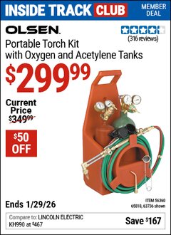 Harbor Freight ITC Coupon CHICAGO ELECTRIC PORTABLE TORCH KIT WITH OXYGEN AND ACETYLENE TANKS Lot No. 63736/65818/56360 Dates Valid: 12/31/69 - 1/29/26 - $299.99