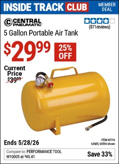 Harbor Freight Coupon CENTRAL PNEUMATIC 5 GALLON PORTABLE AIR TANK Lot No. 65594/69716/63605 Valid: 12/31/69 - 5/28/26 - $29.99