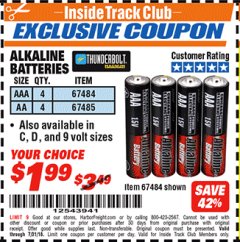 Harbor Freight ITC Coupon THUNDERBOLT MAGNUM ALKALINE BATTERIES Lot No. 61271/92404/61270/61272/61279/92408 Expired: 7/31/18 - $1.99