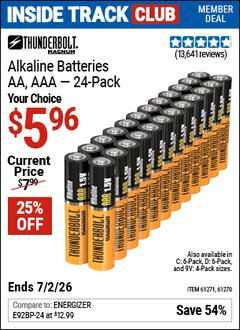Harbor Freight ITC Coupon THUNDERBOLT MAGNUM ALKALINE BATTERIES Lot No. 61271/92404/61270/61272/61279/92408 Dates Valid: 12/31/69 - 7/2/26 - $5.96