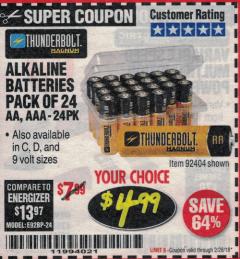 Harbor Freight Coupon THUNDERBOLT MAGNUM ALKALINE BATTERIES Lot No. 61271/92404/61270/61272/61279/92408 Expired: 2/28/18 - $4.99