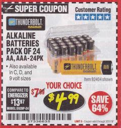 Harbor Freight Coupon THUNDERBOLT MAGNUM ALKALINE BATTERIES Lot No. 61271/92404/61270/61272/61279/92408 Expired: 3/31/18 - $4.99