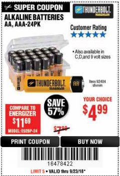 Harbor Freight Coupon THUNDERBOLT MAGNUM ALKALINE BATTERIES Lot No. 61271/92404/61270/61272/61279/92408 Expired: 9/23/18 - $4.99