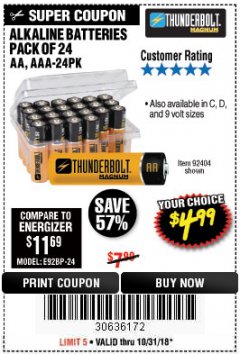 Harbor Freight Coupon THUNDERBOLT MAGNUM ALKALINE BATTERIES Lot No. 61271/92404/61270/61272/61279/92408 Expired: 10/31/18 - $4.99