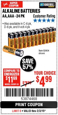 Harbor Freight Coupon THUNDERBOLT MAGNUM ALKALINE BATTERIES Lot No. 61271/92404/61270/61272/61279/92408 Expired: 2/3/19 - $4.99