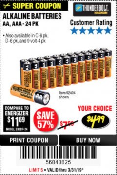 Harbor Freight Coupon THUNDERBOLT MAGNUM ALKALINE BATTERIES Lot No. 61271/92404/61270/61272/61279/92408 Expired: 3/31/19 - $4.99