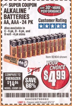 Harbor Freight Coupon THUNDERBOLT MAGNUM ALKALINE BATTERIES Lot No. 61271/92404/61270/61272/61279/92408 Expired: 9/5/19 - $4.99