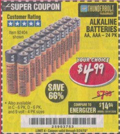 Harbor Freight Coupon THUNDERBOLT MAGNUM ALKALINE BATTERIES Lot No. 61271/92404/61270/61272/61279/92408 Expired: 8/24/19 - $4.99