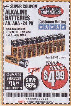 Harbor Freight Coupon THUNDERBOLT MAGNUM ALKALINE BATTERIES Lot No. 61271/92404/61270/61272/61279/92408 Expired: 9/5/19 - $4.99