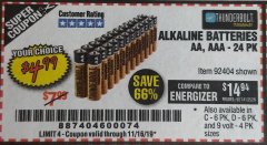 Harbor Freight Coupon THUNDERBOLT MAGNUM ALKALINE BATTERIES Lot No. 61271/92404/61270/61272/61279/92408 Expired: 11/16/19 - $4.99