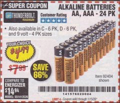 Harbor Freight Coupon THUNDERBOLT MAGNUM ALKALINE BATTERIES Lot No. 61271/92404/61270/61272/61279/92408 Expired: 1/15/20 - $4.99