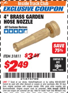 Harbor Freight ITC Coupon 4 IN. BRASS GARDEN HOSE NOZZLE Lot No. 31811 Expired: 2/28/19 - $2.49