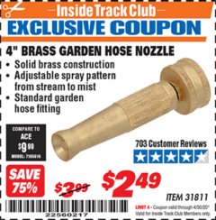 Harbor Freight ITC Coupon 4 IN. BRASS GARDEN HOSE NOZZLE Lot No. 31811 Expired: 4/30/20 - $2.49