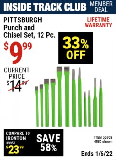 Harbor Freight ITC Coupon PITTSBURGH PUNCH AND CHISEL SET, 12-PIECE Lot No. 4885 Expired: 1/6/22 - $9.99