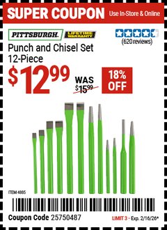 Harbor Freight Coupon PITTSBURGH PUNCH AND CHISEL SET, 12-PIECE Lot No. 4885 Expired: 2/16/26 - $12.99
