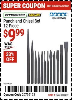 Harbor Freight Coupon PITTSBURGH PUNCH AND CHISEL SET, 12-PIECE Lot No. 4885 EXPIRES: 3/22/26 - $9.99