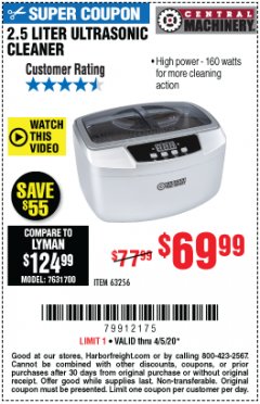 Harbor Freight Coupon CENTRAL MACHINERY 2.5 LITER ULTRASONIC CLEANER Lot No. 63256 Expired: 6/30/20 - $69.99
