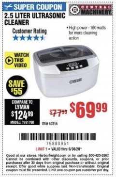 Harbor Freight Coupon CENTRAL MACHINERY 2.5 LITER ULTRASONIC CLEANER Lot No. 63256 Expired: 6/30/20 - $69.99