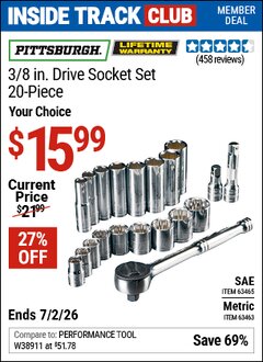 Harbor Freight ITC Coupon PITTSBURGH 3/8 IN. DRIVE SOCKET SET, 20-PIECE Lot No. 63465/63463 Dates Valid: 12/31/69 - 7/2/26 - $15.99