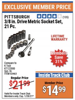 Harbor Freight ITC Coupon PITTSBURGH 3/8 IN. DRIVE SOCKET SET, 20-PIECE Lot No. 63465/63463 Expired: 1/28/21 - $14.99