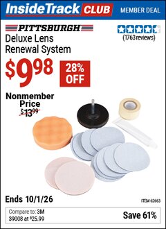 Harbor Freight Coupon PITTSBURGH DELUXE LENS RENEWAL SYSTEM Lot No. 62663 Valid: 12/31/69 - 10/1/26 - $9.98