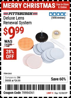Harbor Freight Coupon PITTSBURGH DELUXE LENS RENEWAL SYSTEM Lot No. 62663 Expired: 12/28/25 - $9.99