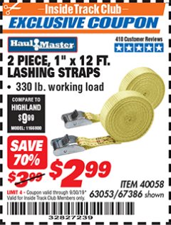 Harbor Freight ITC Coupon HAUL-MASTER 1 IN. X 12 FT. LASHING STRAPS, 2-PACK Lot No. 67386 Expired: 9/30/19 - $2.99