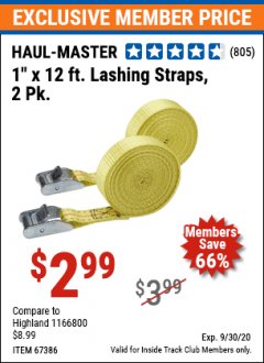 Harbor Freight ITC Coupon HAUL-MASTER 1 IN. X 12 FT. LASHING STRAPS, 2-PACK Lot No. 67386 Expired: 9/30/20 - $2.99