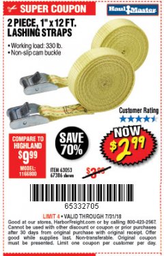 Harbor Freight Coupon HAUL-MASTER 1 IN. X 12 FT. LASHING STRAPS, 2-PACK Lot No. 67386 Expired: 7/31/18 - $2.99