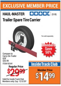 Harbor Freight Coupon HAUL-MASTER TRAILER SPARE TIRE CARRIER Lot No. 93341 Expired: 12/3/20 - $14.99